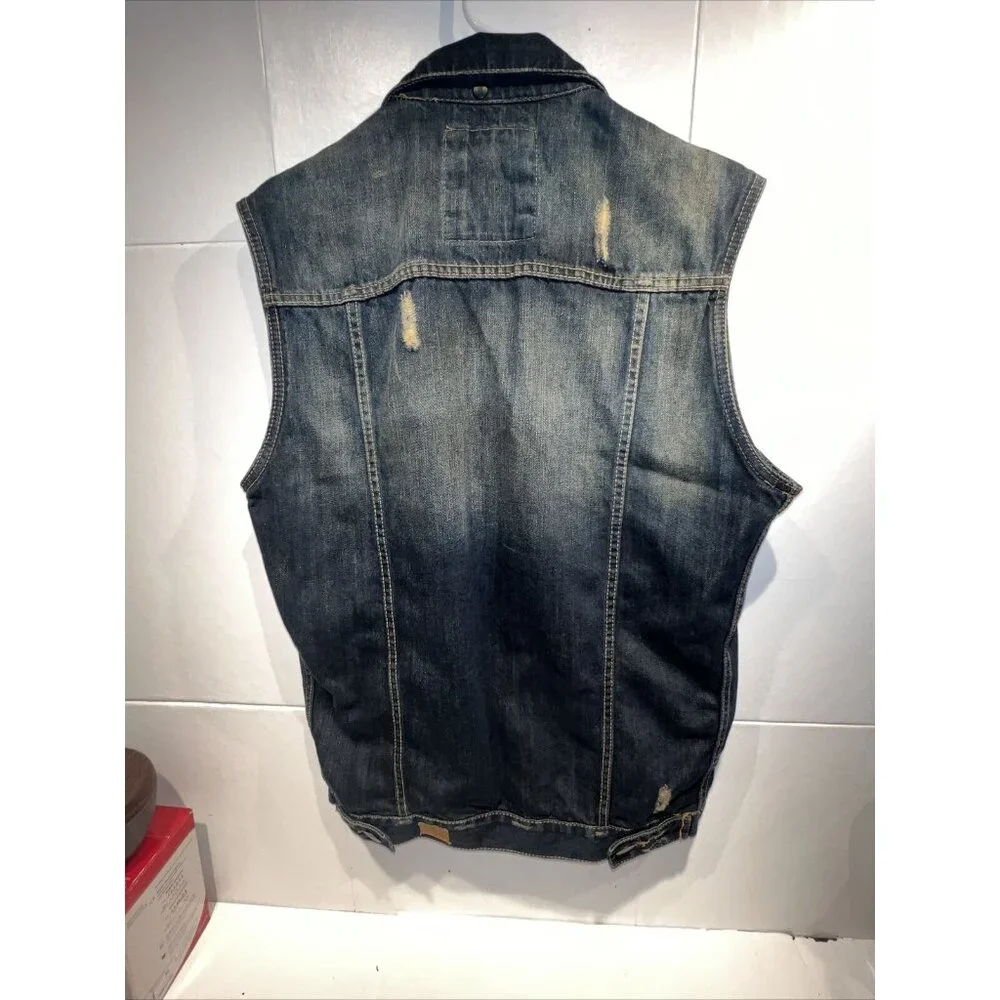 i LINK Dark Wash Distressed Button Down Denim Jean Vest Large‎ Y2K